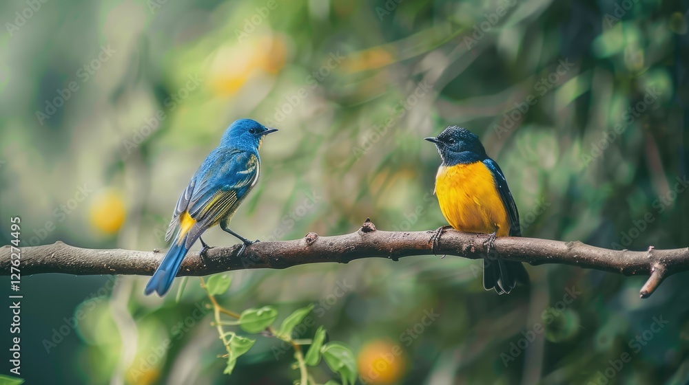 Two vibrant birds perched on a branch amidst lush greenery and blurred yellow fruits in the background Two vibrant birds perched on a branch amidst lush greenery and blurred yellow fruits in the background