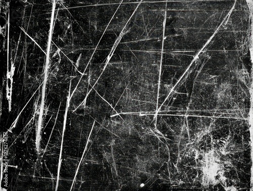 Abstract Scratched Black Surface Texture with White Lines and Marks Grungy Dark Aged Backdrop 9003 photo