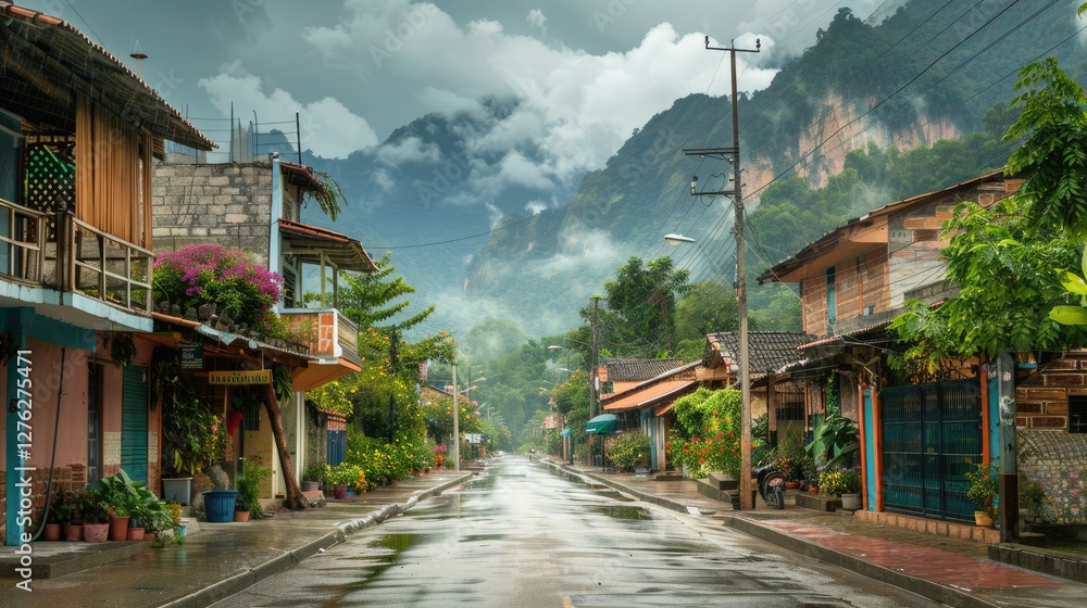 Fototapeta premium Serene village street after rain, surrounded by lush mountains, showcasing vibrant homes and cloudy sky