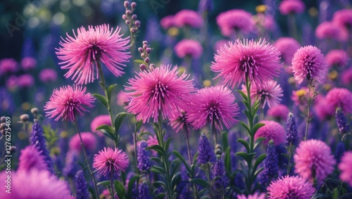 Vibrant field of wildflowers featuring Dianthus Superbus with stunning pink blooms amidst lush green foliage and soft blurred background. photo