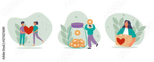 donation illustration volunteer collecting packing used box charity character money hearts jar financial support concept
