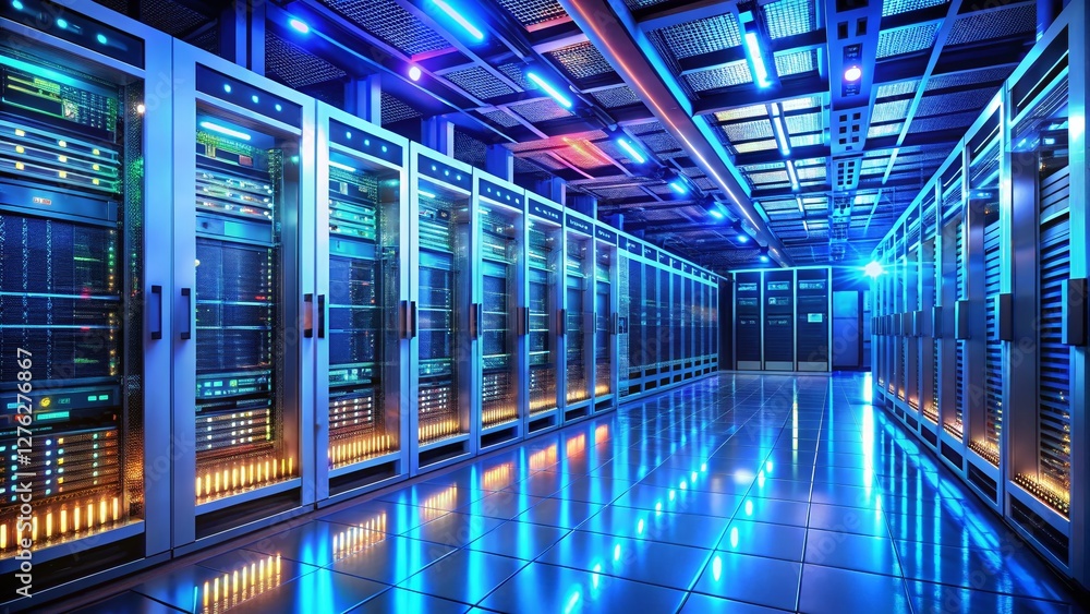 Fototapeta premium Modern Data Center Server Room: High-Tech Network Infrastructure and Cooling Systems