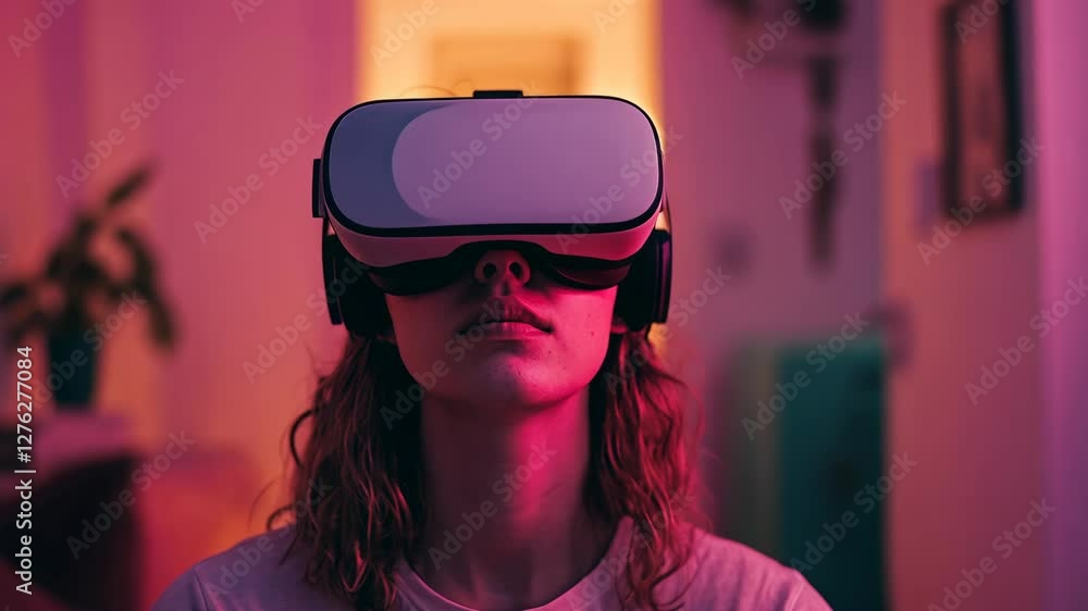 Engaging in virtual reality exploration at home during evening hours with immersive headset Engaging in virtual reality exploration at home during evening hours with immersive headset