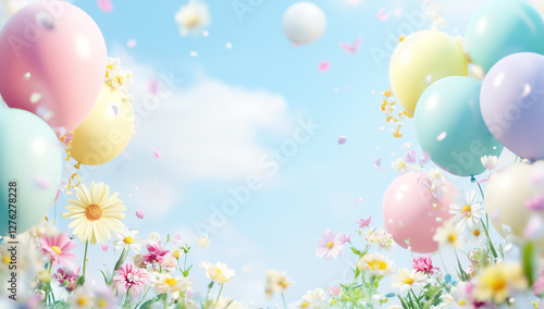 Spring flowers and balloons framing a blue sky with copy space