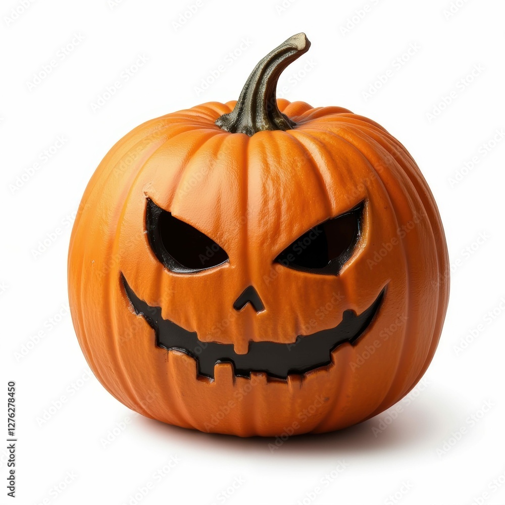 Fototapeta premium Spooky Jack O Lantern Display with Creepy Carved Face and Orange Pumpkin against a White Background