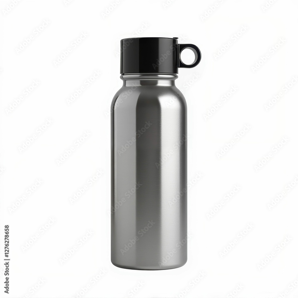 Silver Metallic Water Bottle Container for Liquid Beverages with Black Lid and Handle Drinking Accessory Silver Metallic Water Bottle Container for Liquid Beverages with Black Lid and Handle Drinking Accessory