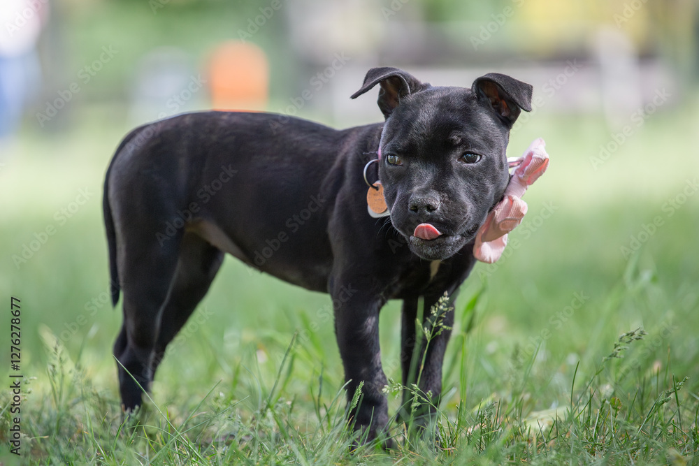 Staffordshire Bull Terrier black puppy standing with a pink bow Staffordshire Bull Terrier black puppy standing with a pink bow