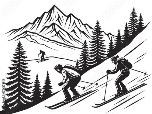Mountain landscape, downhill skiing, winter sports, pine trees, snowy slopes, black and white illustration, vintage style, outdoor adventure, ski resort scene, rugged peaks, dynamic poses, silhouettes