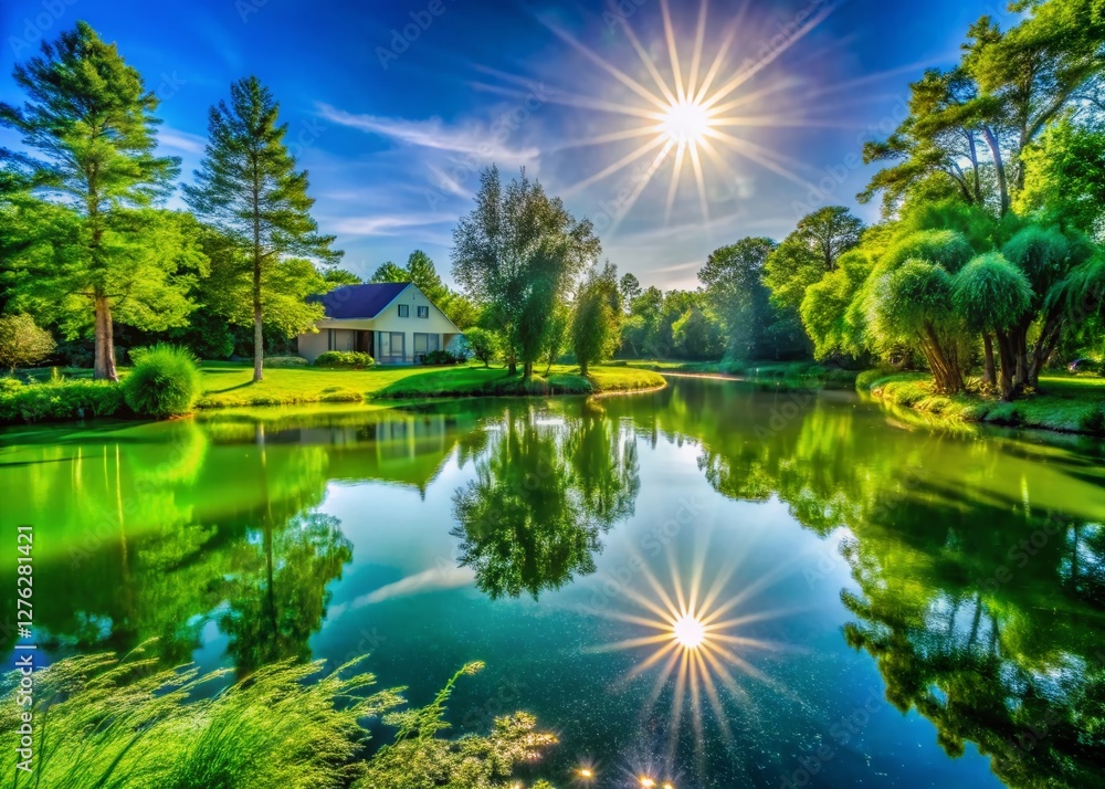 Fototapeta premium Montgomery Alabama Residential Pond Green Water Sun Starburst Long Exposure Photography
