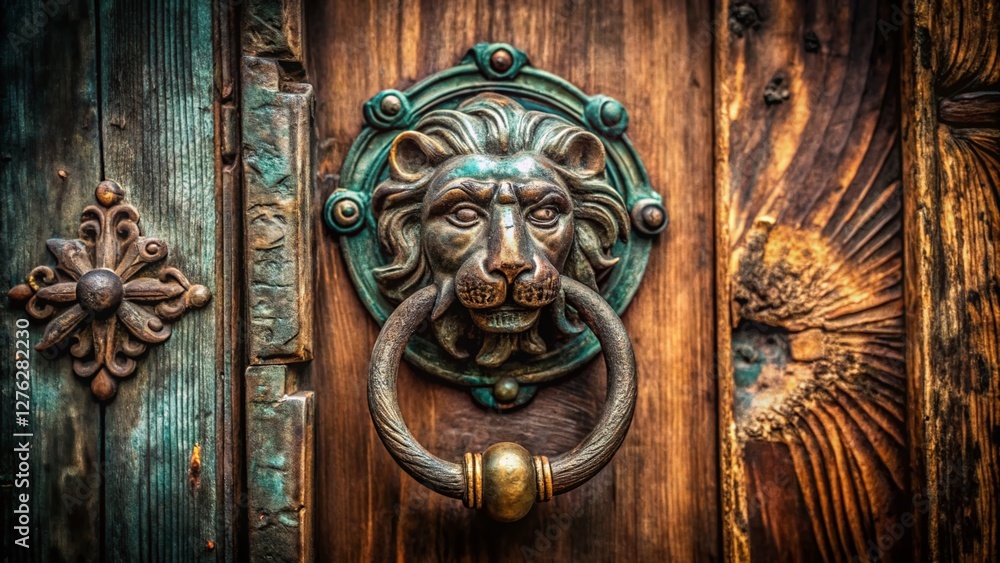 Mysterious Ancient Door Knocker: Weathered Bronze Detail on Old Wooden Door Mysterious Ancient Door Knocker: Weathered Bronze Detail on Old Wooden Door