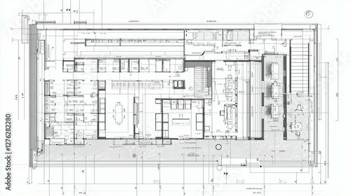 Architectural blueprint of a modern building's floor plan, showcasing rooms, layout, and outdoor spaces.