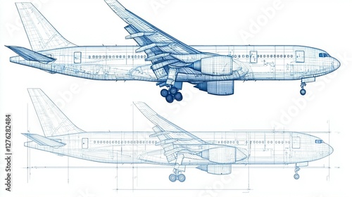 Blueprint illustrations of a wide-body passenger jet, showcasing top and side views with detailed technical drawings.