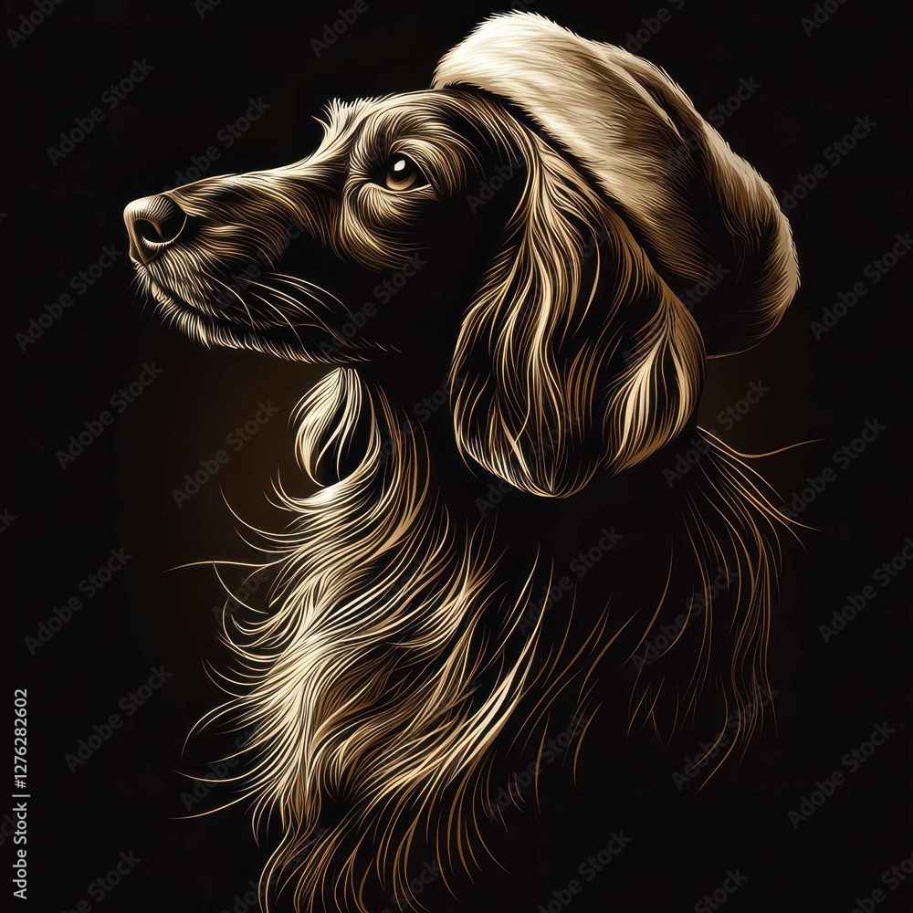 Naklejka premium Golden Retriever Portrait Wearing a Santa Hat Line Art Illustration on Dark Background