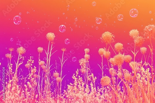 Wallpaper Mural Sunset meadow, vibrant flowers, bubbles, dreamy background, design element Torontodigital.ca