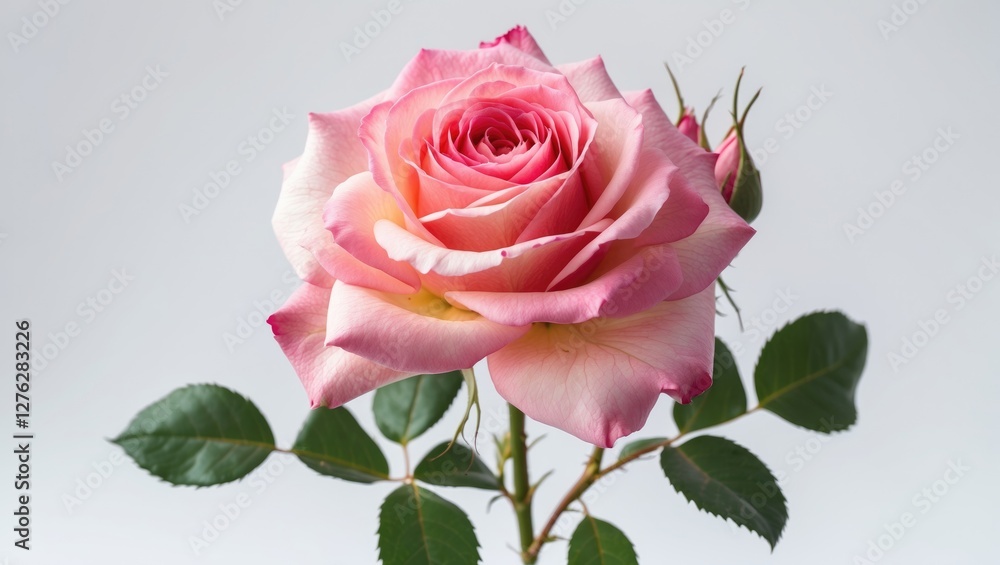 Pink rose bloom with delicate petals and green leaves on a white background, showcasing floral beauty and elegance. Pink rose bloom with delicate petals and green leaves on a white background, showcasing floral beauty and elegance.