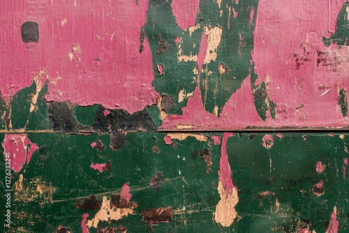 Weathered Wood Texture with Peeling Pink and Green Paint Showing Signs of Age and Decay photo