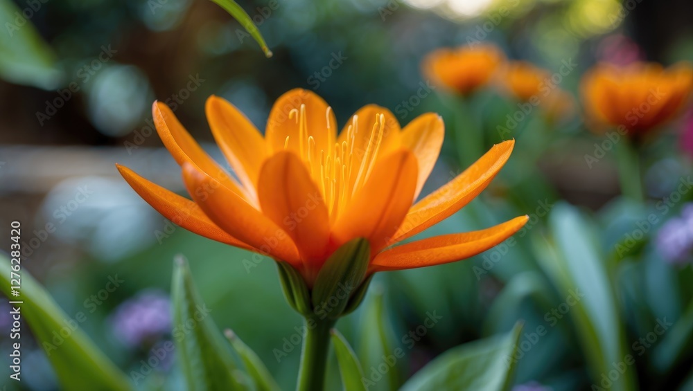 Close-up of vibrant orange flower in lush garden setting with soft-focus background and green leaves in natural light Close-up of vibrant orange flower in lush garden setting with soft-focus background and green leaves in natural light