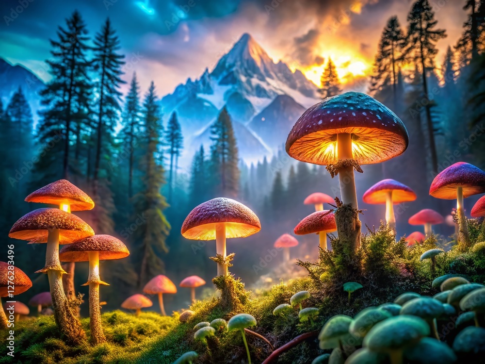 Fototapeta premium Mystical Forest Double Exposure: Misty Mountains & Vibrant Mushrooms