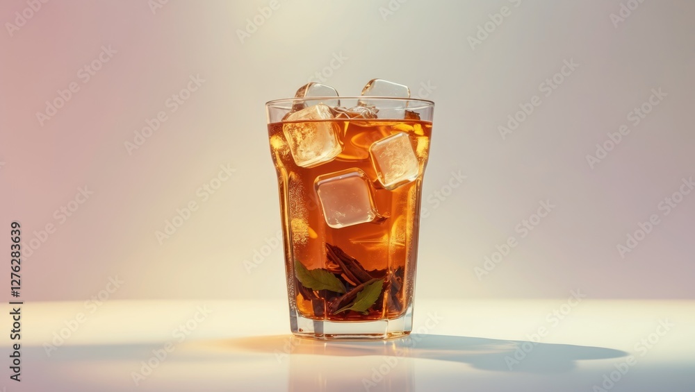 Iced beverage in glass with ice cubes and fresh mint leaves on a minimalist background Iced beverage in glass with ice cubes and fresh mint leaves on a minimalist background
