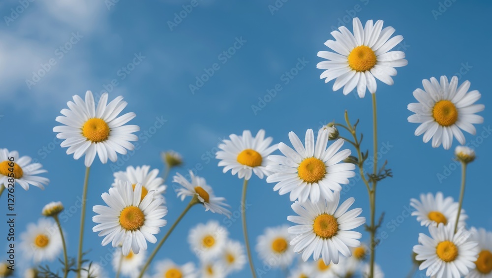 Fototapeta premium field of white daisies against a clear blue sky with vibrant yellow centers in a natural summer setting