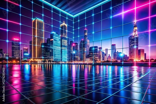 Night Cityscape Grid Media Display - Trendy Neon Lights & Urban Architecture