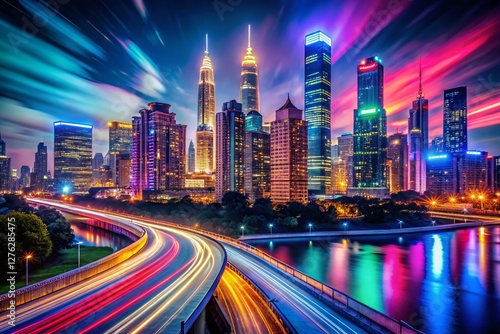 Night Cityscape: Vibrant Gradient Flowing Lights, Bold Contrast, Urban Scene