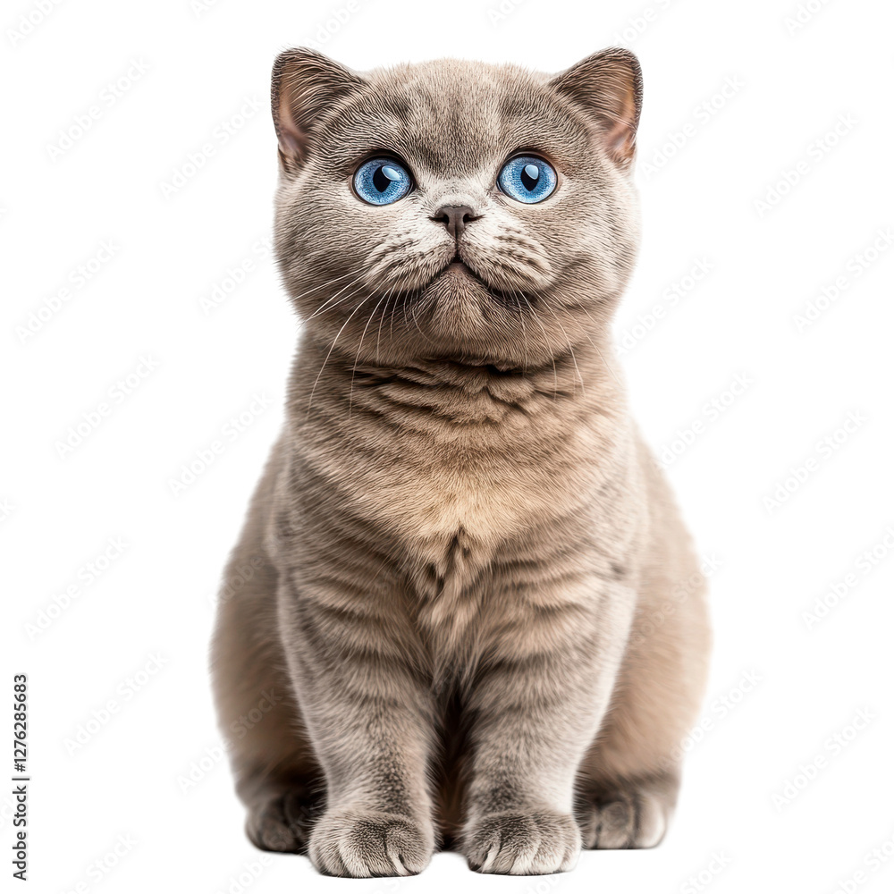 Fototapeta premium Blue-Eyed Kitten Portrait, charming gray feline with striking eyes sitting against a pristine white background on a transparent background.