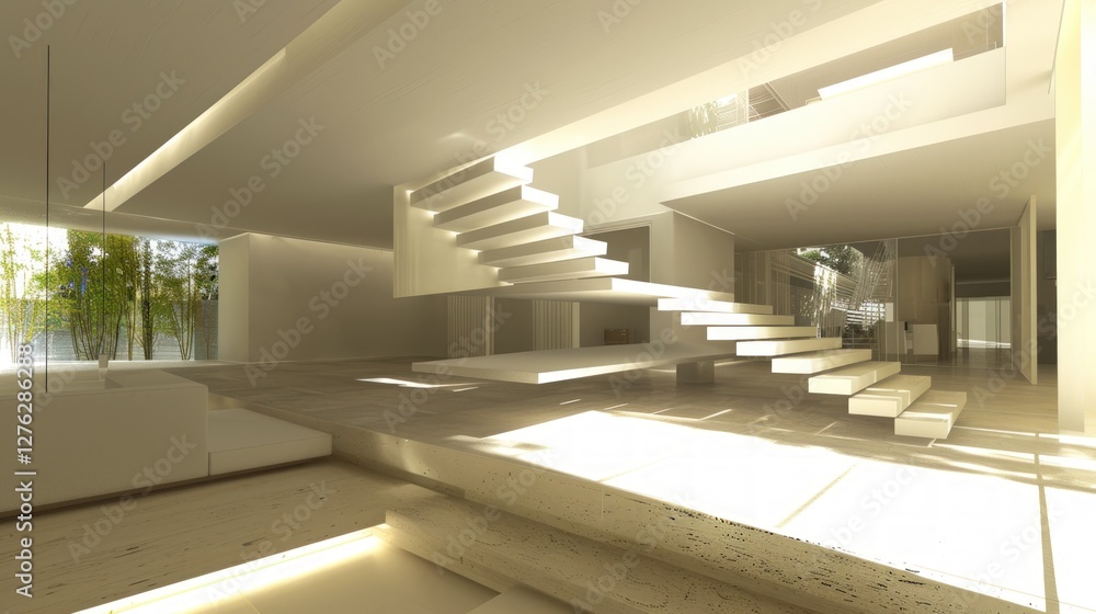 Fototapeta premium Modern Minimalist House Interior Design: Floating Staircase & Natural Light