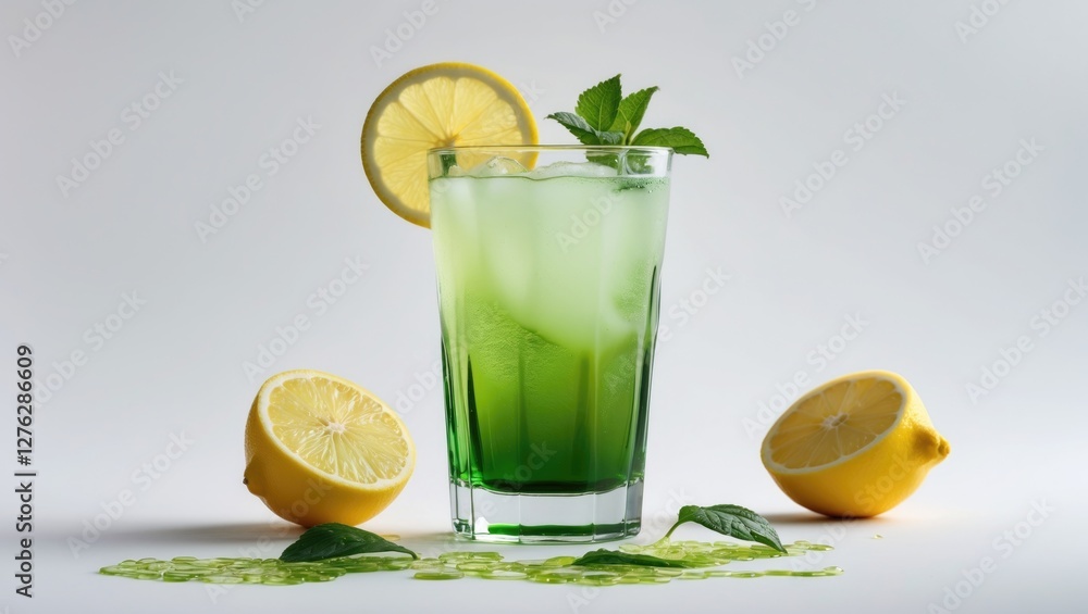 Fototapeta premium Refreshing green cocktail in a glass with lemon slice and mint leaves surrounded by lemon halves and spilled juice on a white background