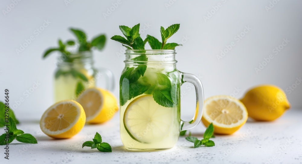 Refreshing lemonade with mint and lemon slices in glass jars on a white background with whole lemons and mint leaves. Refreshing lemonade with mint and lemon slices in glass jars on a white background with whole lemons and mint leaves.