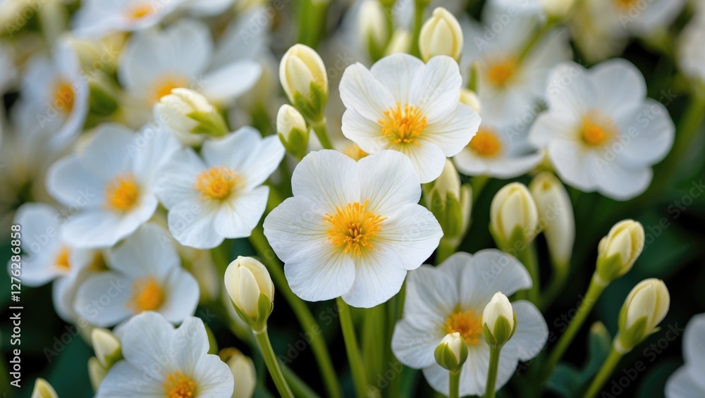 White flowers with yellow centers and buds in a lush green background, captured in soft natural light. White flowers with yellow centers and buds in a lush green background, captured in soft natural light.