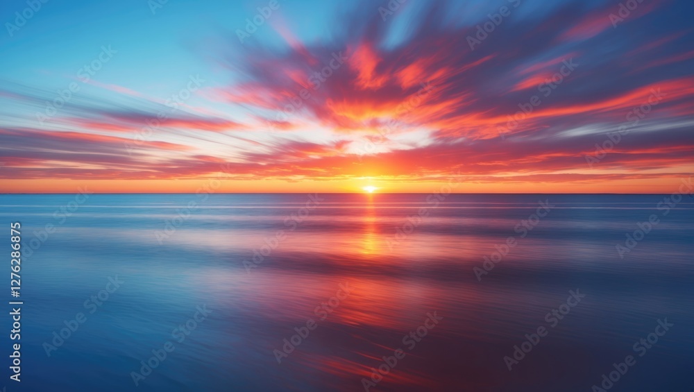 Vibrant sunset over calm ocean waters with colorful cloud patterns and reflective sunlight on the surface creating a serene atmosphere Vibrant sunset over calm ocean waters with colorful cloud patterns and reflective sunlight on the surface creating a serene atmosphere