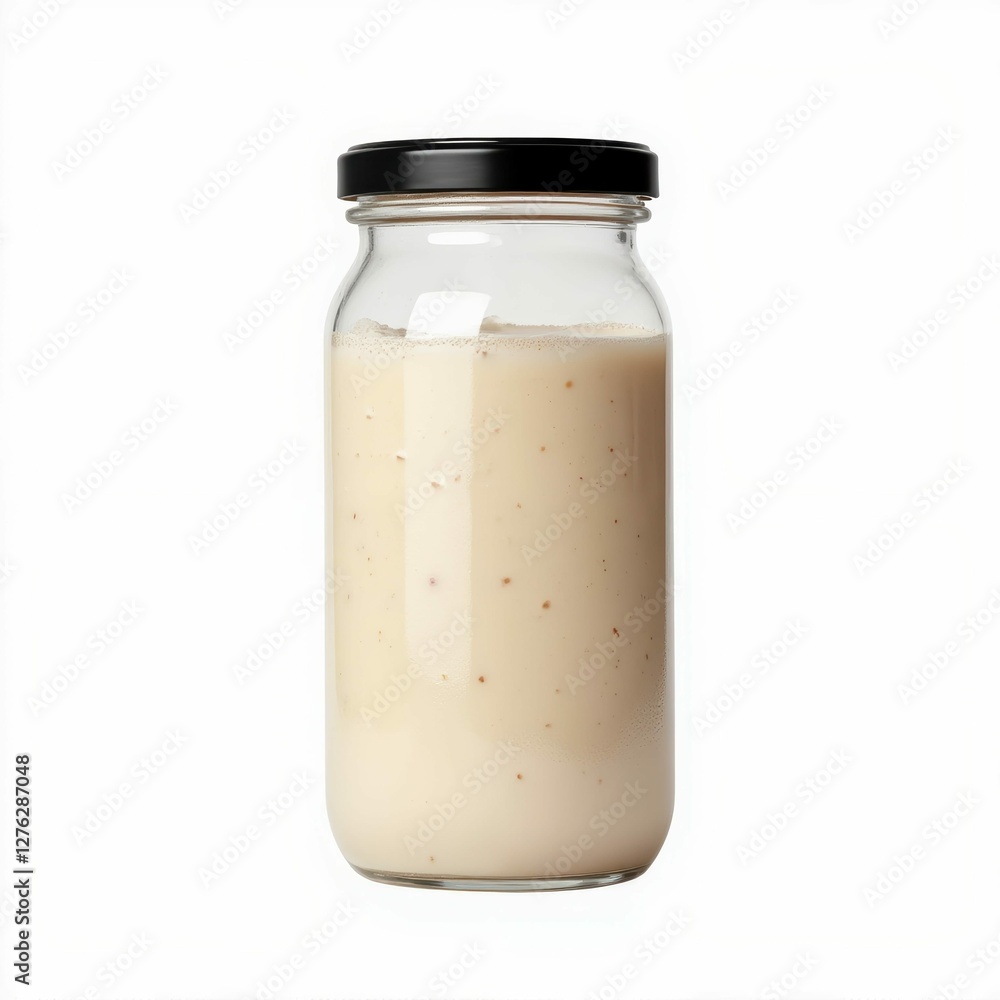 Creamy Beverage in Clear Glass Container with Black Lid on White Backdrop for Advertisement Element Creamy Beverage in Clear Glass Container with Black Lid on White Backdrop for Advertisement Element