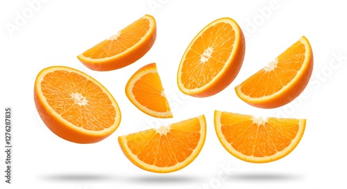 Fresh Orange Slices Floating on White Background – Vibrant Citrus Concept

