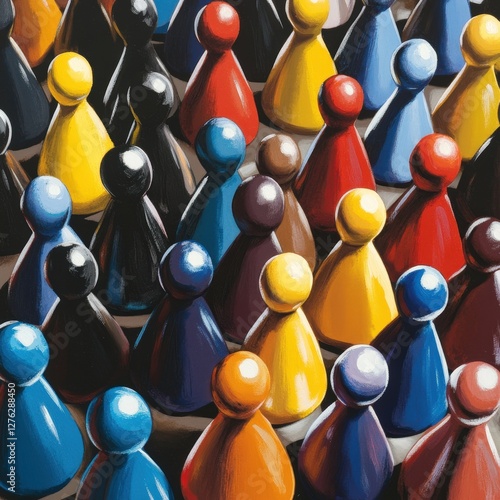 A painting of many people with different colored heads and bodies