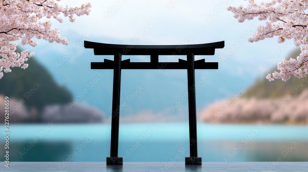 Cherry Blossom Archway Concept, Serene Minimalist Torii Archway Set Against a Tranquil Backdrop of Cherry Blossoms and Calm Waters Cherry Blossom Archway Concept, Serene Minimalist Torii Archway Set Against a Tranquil Backdrop of Cherry Blossoms and Calm Waters
