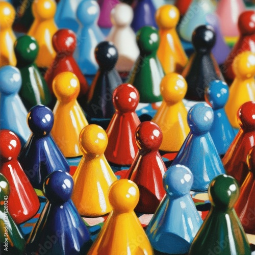 A group of colorful people are standing in a line
