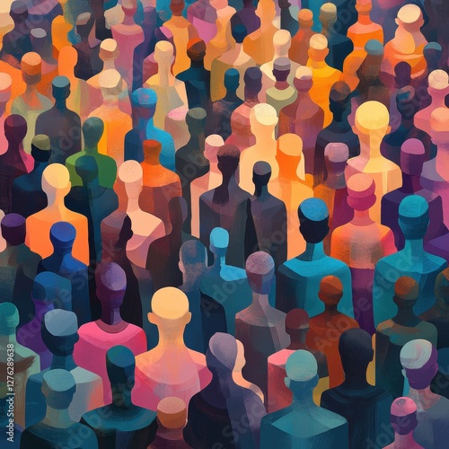 A painting of a crowd of people with different colored heads