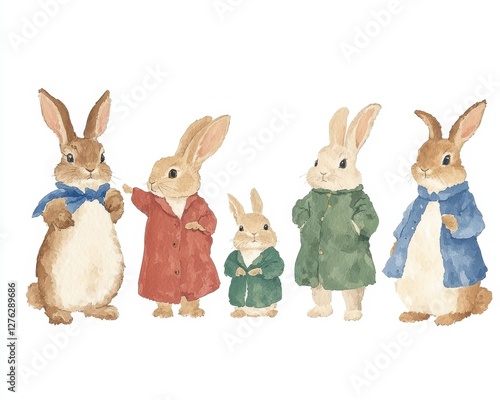 A group of rabbits are standing in a row, with one rabbit pointing to the left