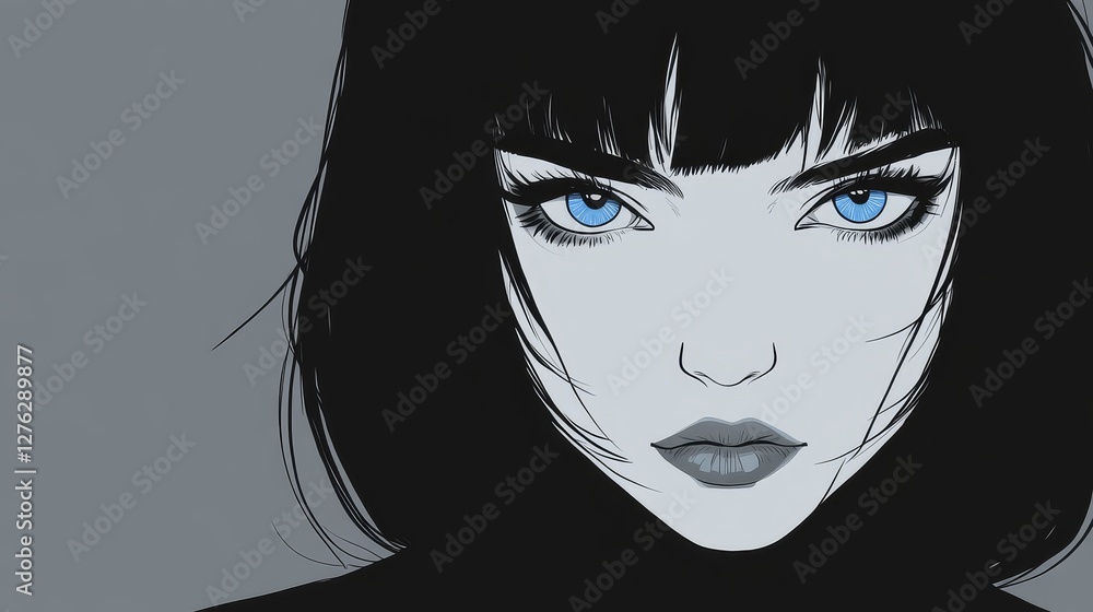 Intense Portrait of a Woman with Striking Blue Eyes and Black Hair Intense Portrait of a Woman with Striking Blue Eyes and Black Hair