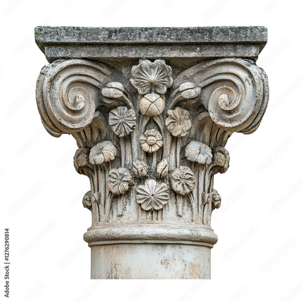 Naklejka premium A white pillar with a flowery top. The pillar is made of stone and has a very elegant and sophisticated appearance. The flowers on the top of the pillar are intricately carved