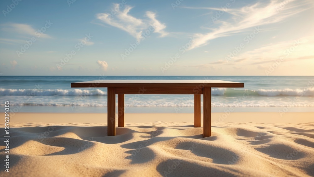 Wooden table on sandy beach with gentle waves and sky during sunset or sunrise, creating tranquil coastal atmosphere. Wooden table on sandy beach with gentle waves and sky during sunset or sunrise, creating tranquil coastal atmosphere.