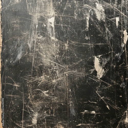 Heavily Scratched Old Black Surface Showing Wear and Tear Revealing Layers of Material Beneath photo