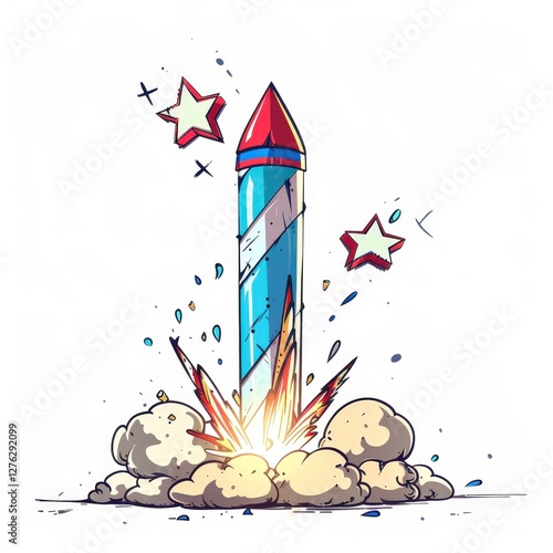 A cartoon rocket is exploding in the air with stars surrounding it