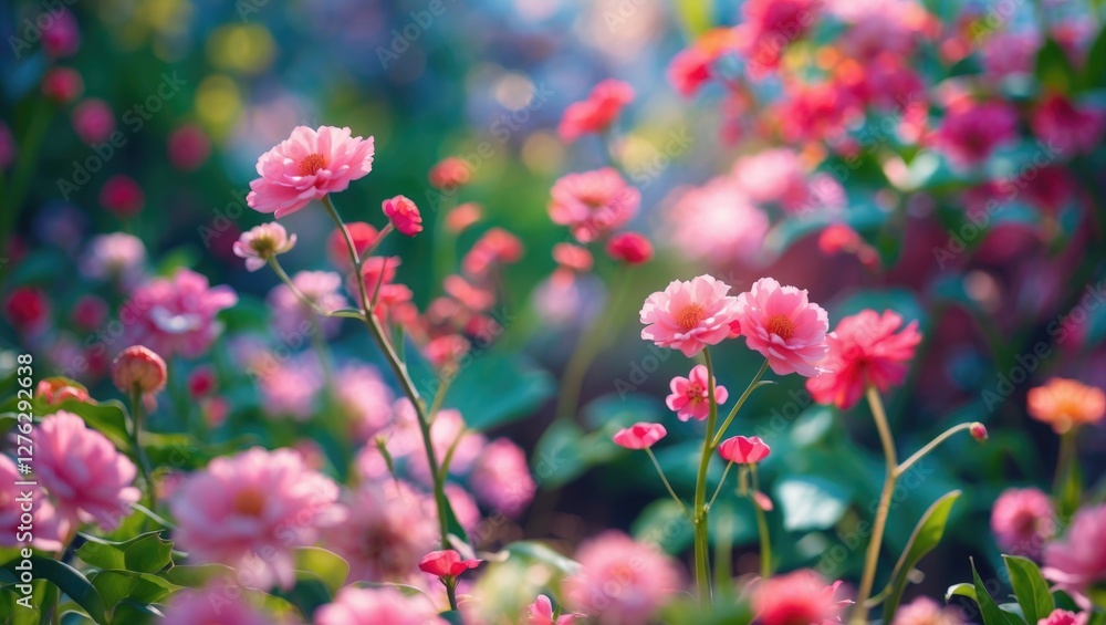 Pink flowers in a garden with blurred background and soft lighting depicting a vibrant floral scene in springtime. Pink flowers in a garden with blurred background and soft lighting depicting a vibrant floral scene in springtime.