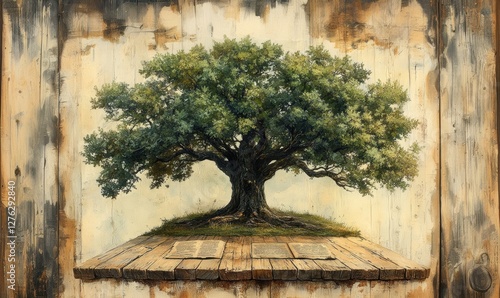 Ancient Tree of Wisdom Displayed on a Wooden Stage Beneath a Sky of Subtle Colors and Textures