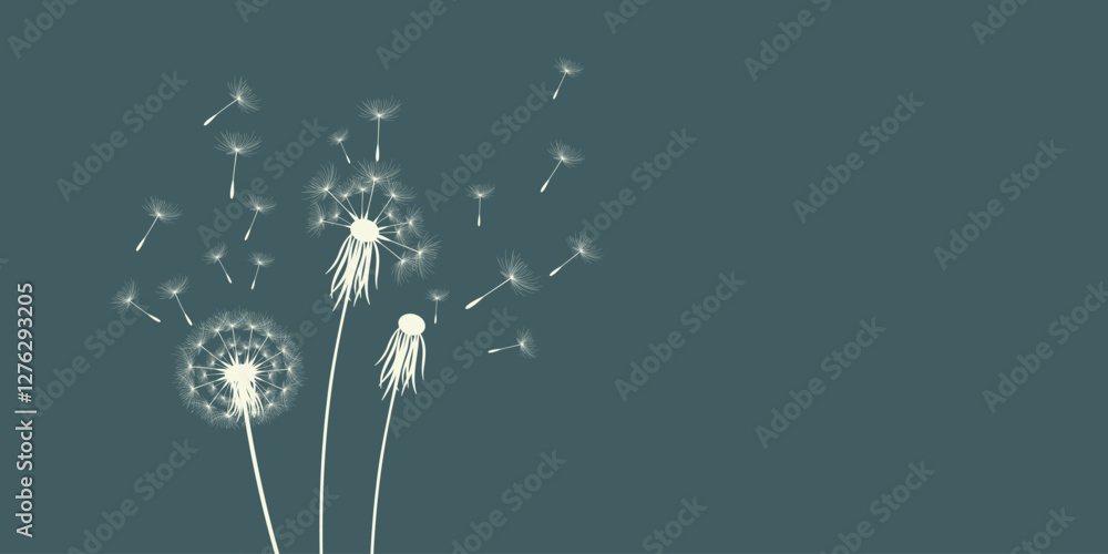 Vector illustration of dandelion time. Beautiful realistic Dandelion seeds blowing in the wind. The wind inflates a dandelion isolated in an editable evening background.