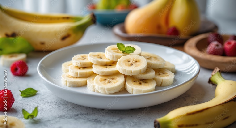 Sliced bananas on a white plate with fresh mint leaves surrounded by whole bananas and raspberries on a gray countertop Sliced bananas on a white plate with fresh mint leaves surrounded by whole bananas and raspberries on a gray countertop
