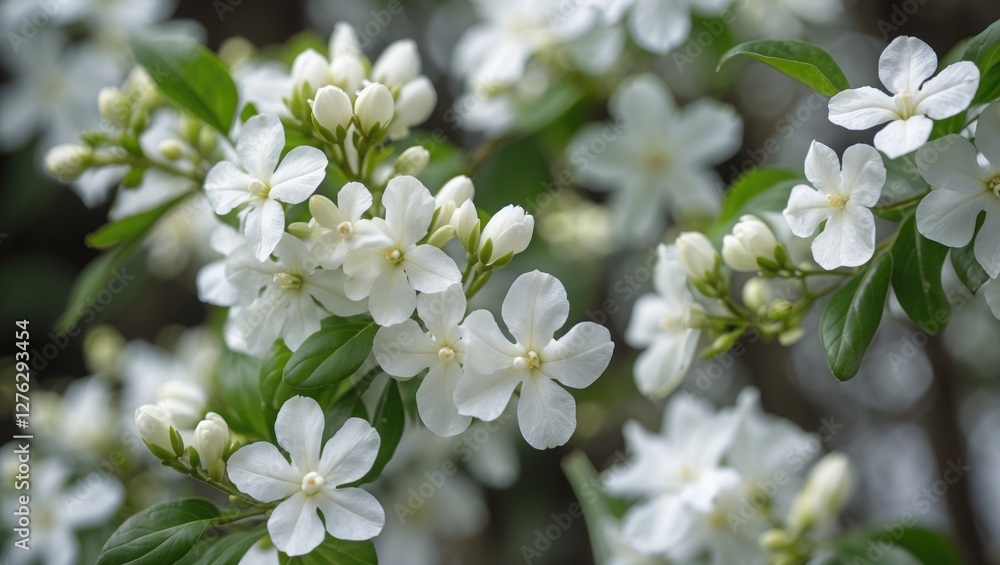 White flower blossoms with green leaves on a branch close-up in natural light during spring season. Floral background image. White flower blossoms with green leaves on a branch close-up in natural light during spring season. Floral background image.
