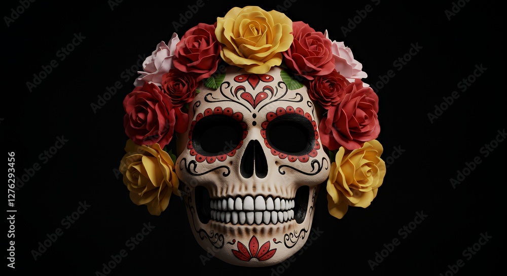 Fototapeta premium Day of the Dead Skull with Colorful Flowers on Black Background